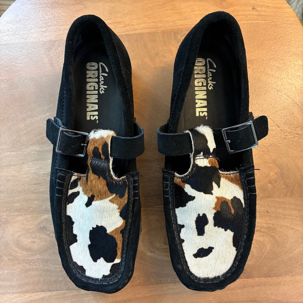 Clarks Originals Wallabee T-Bar Black Suede Cow Print Moccasin Loafers Size 7